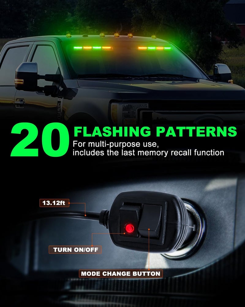 HLauto 6Z4J Emergency Dash Strobe Lights: 2x16.8 inch Green Amber Safety Lights, 48 LED Flashing Warning Hazard Interior Windshield Visor Traffic Light Bar for Trucks, Construction Vehicles - Image 4